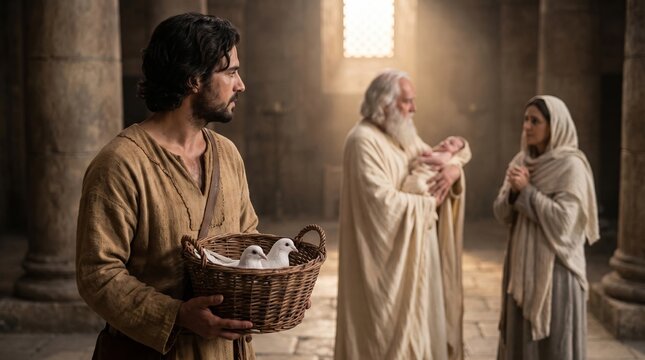 Biblical scene featuring Joseph holding a basket of doves with Mary and Simeon in an ancient stone temple interior setting