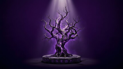 Fototapeta premium Magical glowing tree with purple energy on stone pedestal