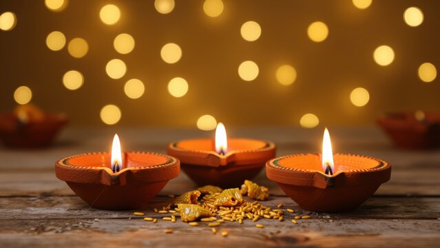 Diwali Clay Lamps with Rice and Spices on Wooden Surface