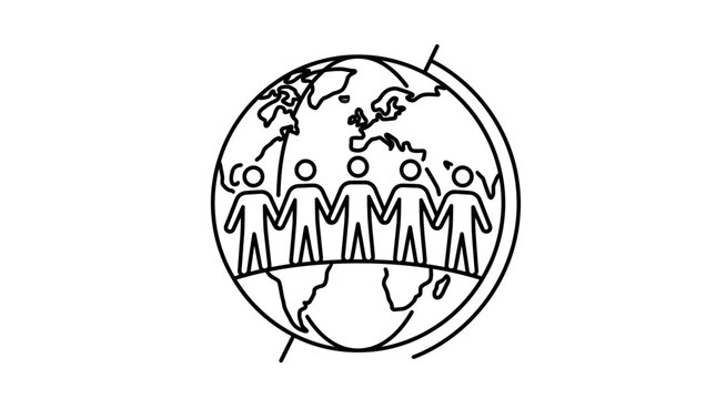 Globe drawing showing diverse people holding hands across the world illustrates global unity and international human connection.