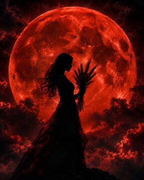 Halloween night sky featuring an enormous glowing blood-red full moon