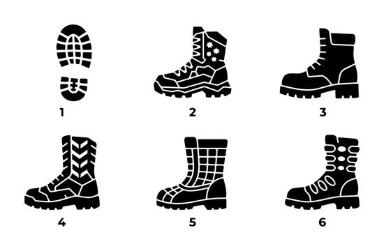 70 Black Combat Boots Collection, Military Footwear Icons, Rugged Outdoor Shoe Set, Tactical Boot Graphics, 6 Elements 100