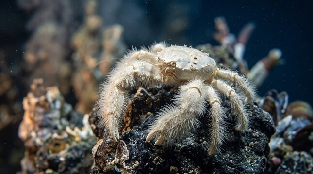 Hairy crab resting on coral reef in underwater ocean scene
