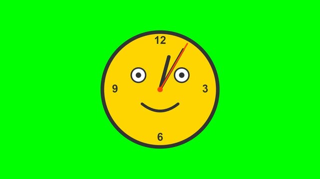 Funny animated yellow clock face with moving hands on a green screen background.