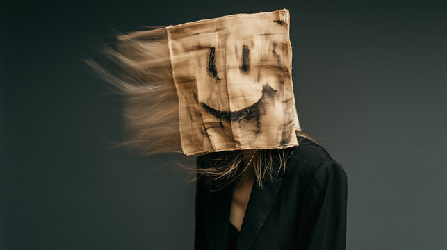 Portrait of a woman in a black suit wearing a burlap bag mask with a drawn smiley face and heavy motion blur, Conceptual image of a person hiding their identity behind a fake happy face sack mask