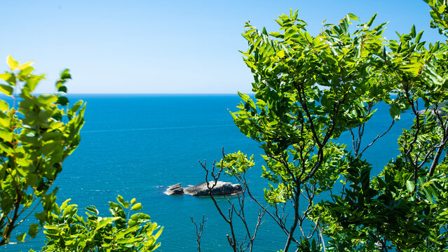 Adriatic Sea View Through Green Trees in Ulcinj Montenegro