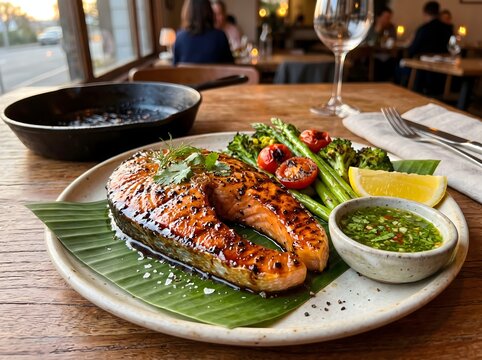 ender grilled salmon steak served with fresh vegetables and lemon slice