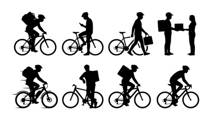Naklejka premium 70 Delivery Cyclist Silhouettes: Diverse Actions, Bicycle Courier Set, Package Transport, Urban Logistics Vector Icons 100