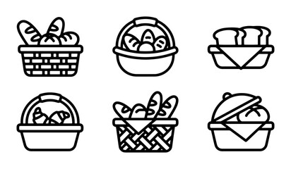 Obraz premium 70 Bakery Basket Icons, Bread Loaf and Pastry Collection, Food Service Vector Graphics, Simple Outline Food Assets 100