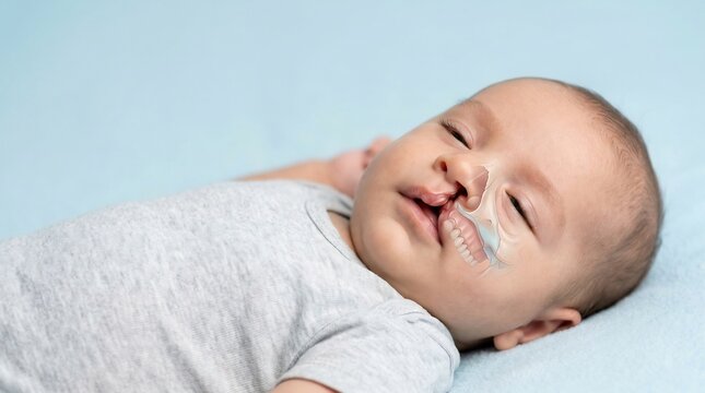 Infant with cleft lip and palate featuring conceptual anatomical cross-section of jaw and mouth