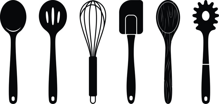 Set of black kitchen utensils icons including whisk spatula spoon and pasta server for cooking and baking tools collection