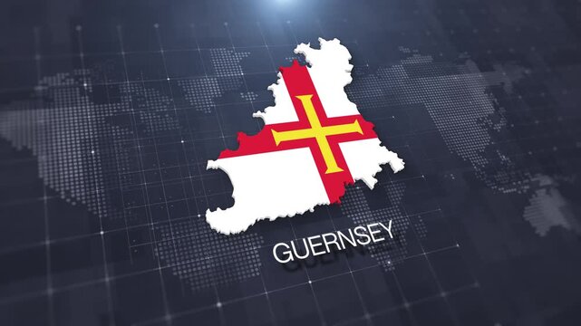 Guernsey map with national flag on digital world map background, geographic border, global political and international news concept
