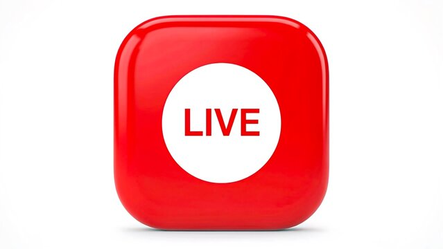 Red live streaming button isolated on white background for broadcast concept