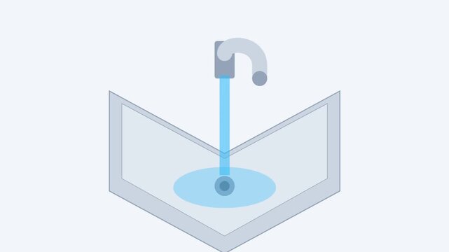 Minimalist Isometric Animation of Water Flowing from a Faucet into a Sink.