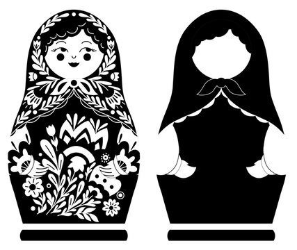 Vector set of black and white Russian nesting doll with floral pattern and blank silhouette.