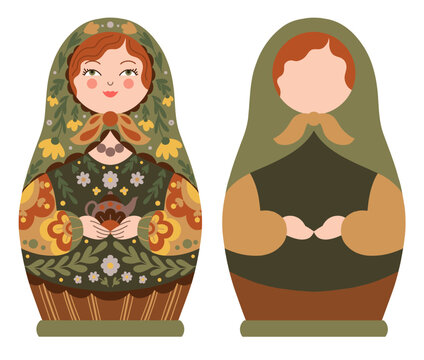 Vector set of dolls in folk art style and flat silhouette. Collection of decorative nesting dolls. Clip arts of matryoshkas with floral ornament