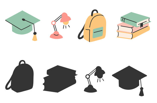 Vector educational game for kids find the correct shadow with school supplies.