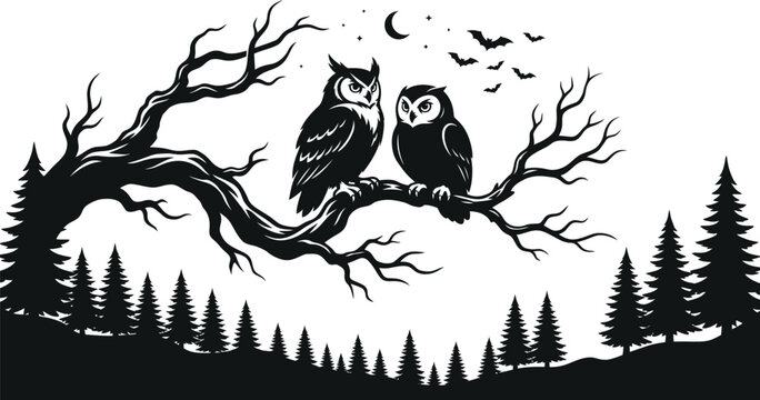 Whimsical black and white silhouette illustration of two owls perched on a twisted tree branch at night with birds of prey silhouette wildlife halloween illustration monochrome minimalist