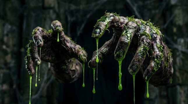 Creepy zombie hands with dripping green slime