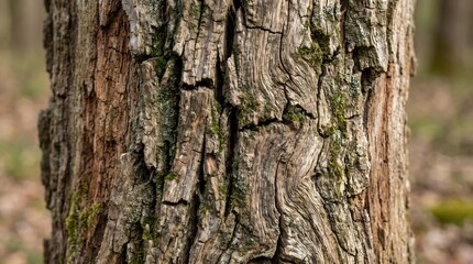 Fototapeta premium Old weathered tree trunk shows deep vertical cracks and worn wooden texture with patches of green moss growing in crevices within dense deciduous forest area.