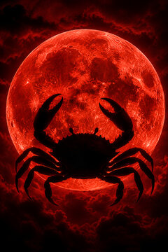 A single Cancer zodiac silhouette stands prominently before the moon