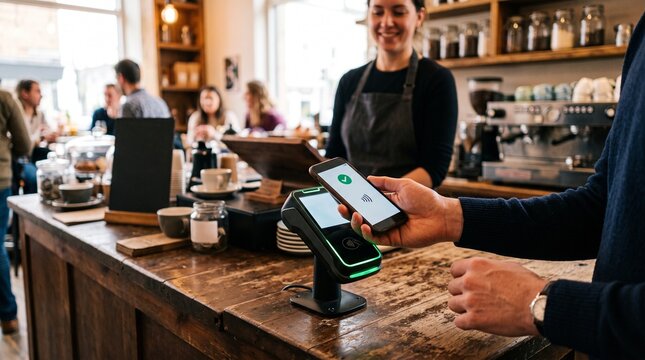 Customer paying with smartphone contactless technology at a coffee shop counter with barista in background