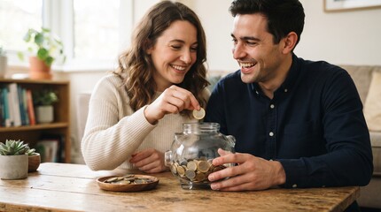 Fototapeta na wymiar Happy couple saving money by putting coins into a glass piggy bank at home