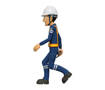 Isolated industrial worker is walking on white background