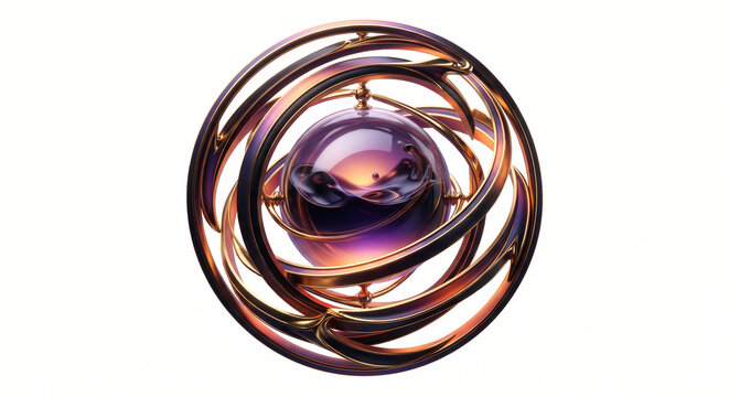3D Isometric Gyroscopic Orbit Ink Sphere, Central Glass Ink Orb Surrounded by Rotating Gold Gyroscopic Rings.