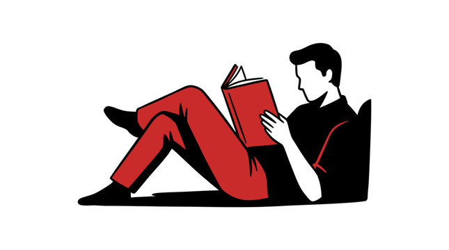 A stylized illustration of a person relaxing while reading a book