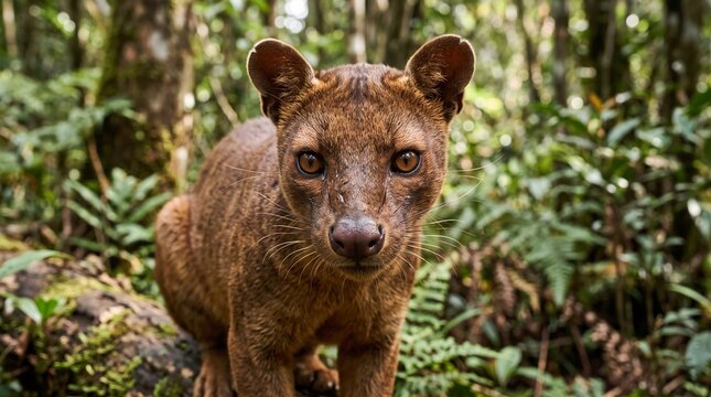 Fossa in natural Madagascar forest habitat looking directly at camera