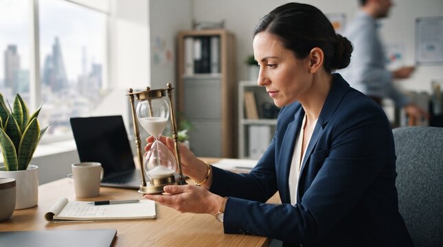 Businesswoman holding hourglass in office with city view symbolizing time management and deadlines