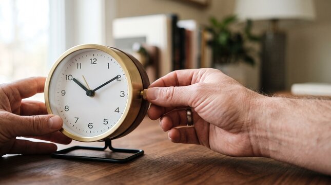Close up of a person's hands adjusting a vintage style alarm clock on a wooden desk