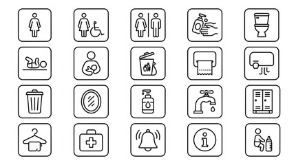 Fototapeta premium Set of public facility and bathroom sign icons in clean outline style depicting accessibility hygiene and helpful services for building and facility signage.