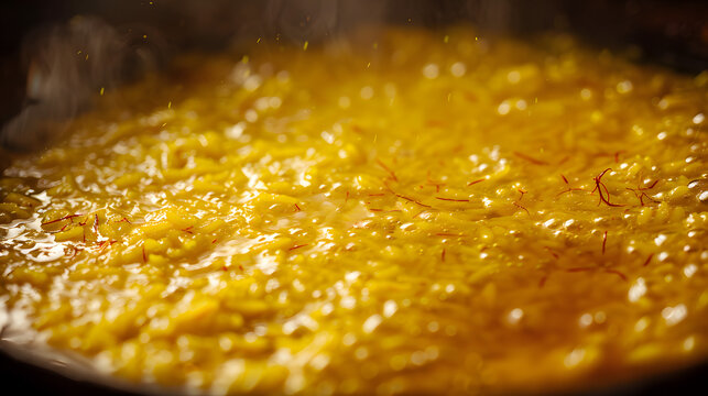 Boiling Saffron Infused Bomba Rice in Carbon Steel Pan