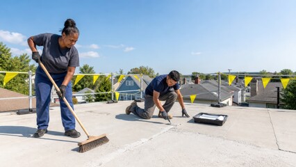 Naklejka premium Cool Roof Installation Documentary Two Roofers Preparing Flat Western