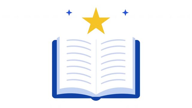 Animated open book with glowing gold star video flat vector illustration motion graphic education excellence and knowledge concept