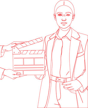 Woman standing while hands hold a film clapperboard ready for movie production