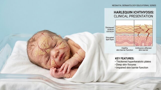 Medical illustration of a newborn with Harlequin Ichthyosis including a cross-section diagram of skin barrier dysfunction for neonatal dermatology education