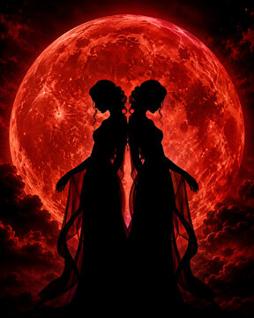 Halloween night sky featuring an enormous glowing blood-red full moonA single Gemini zodiac silhouette