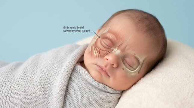 Medical illustration of a newborn baby showing embryonic eyelid developmental failure with anatomical overlay