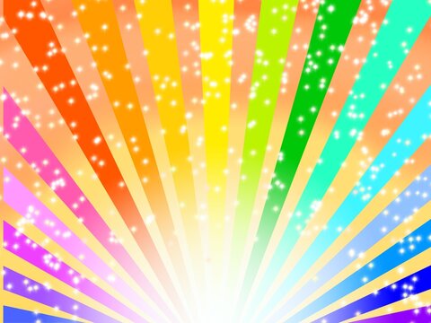 オレンジをバックに虹色の線が真ん中から放射状に広がるキラキラした背景素材イラスト