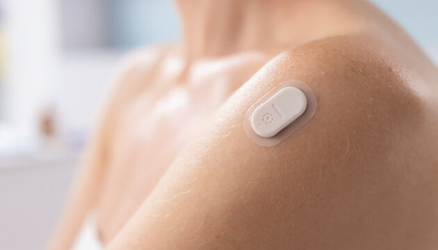 A close-up of a wearable health sensor attached to a person's upper arm, designed to monitor health metrics discreetly and comfortably.