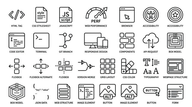 Web development and software engineering icon set including code editors programming tags git control and responsive layout design tools for technical developers.