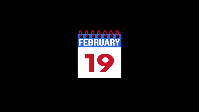 Daily Calendar Page Flip Animation from february 18 to february 19 with Page Turn Transition on Black Background. Day to day. date change concept