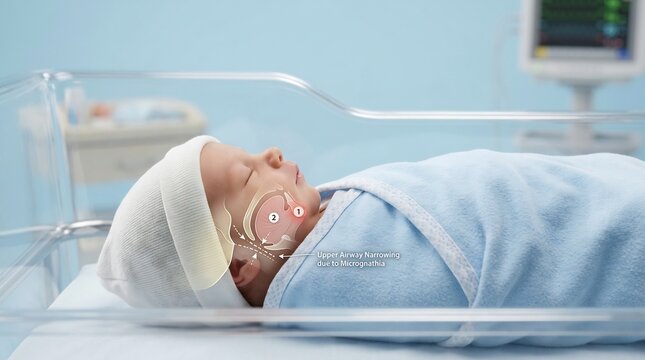 Medical illustration of a newborn baby with micrognathia showing upper airway narrowing in a hospital bassinet