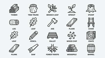 Fototapeta premium Wood industry and carpentry tool icon set vector illustration featuring timber logs leaves tools and forest equipment for construction and woodworking design projects.