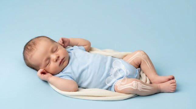 Medical conceptual illustration of a sleeping newborn baby with a skeletal X-ray overlay of the hip and leg bones