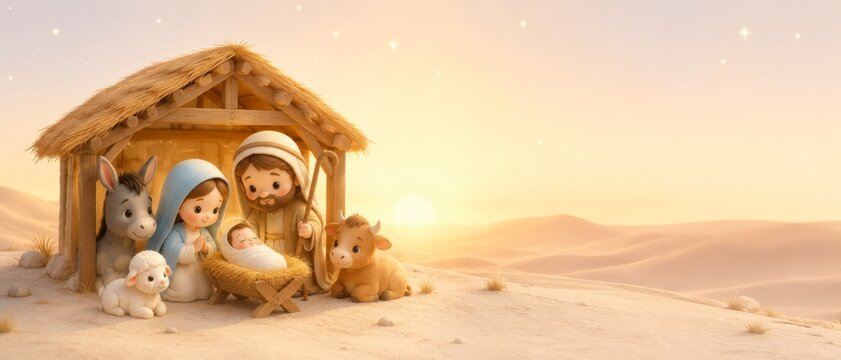 Adorable cartoon nativity scene with holy family and barn animals. banner format