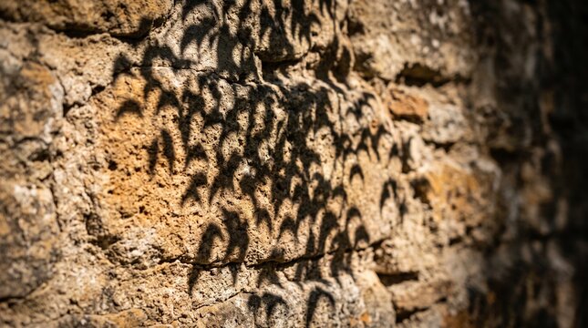 Sunlight creates complex silhouettes of tree leaves projected onto an ancient stone masonry wall facade in summer afternoon light creating natural textures and patterns on historical rock